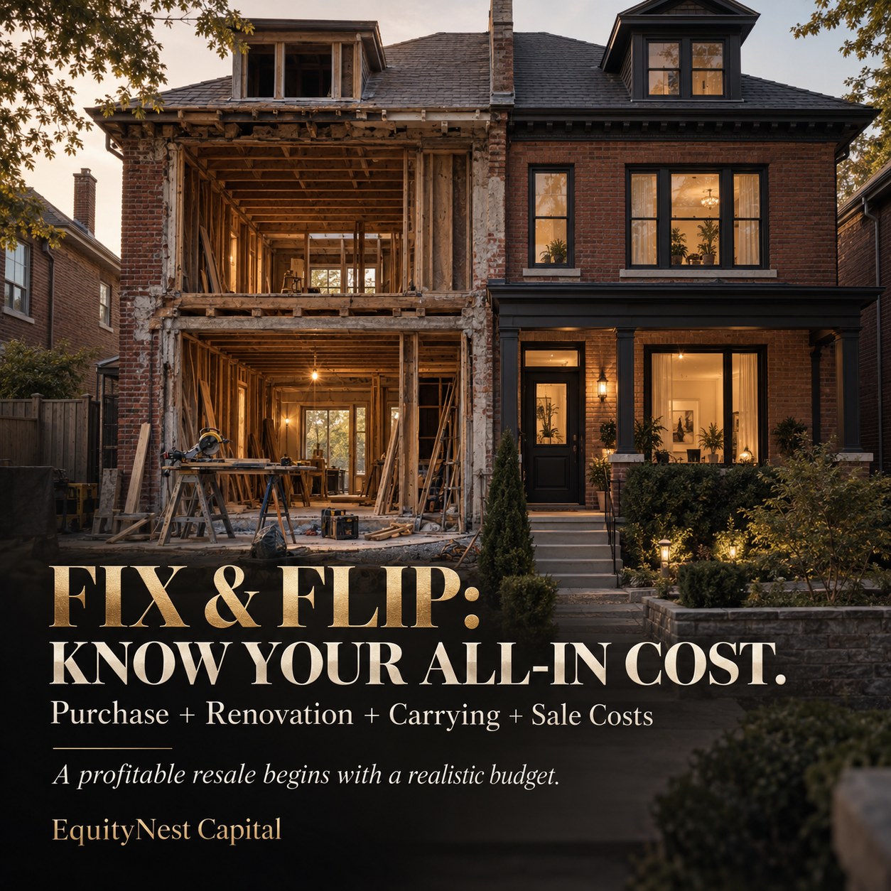 Fix and flip: know your all-in cost. Purchase, renovation, carrying and sale costs. EquityNest Capital